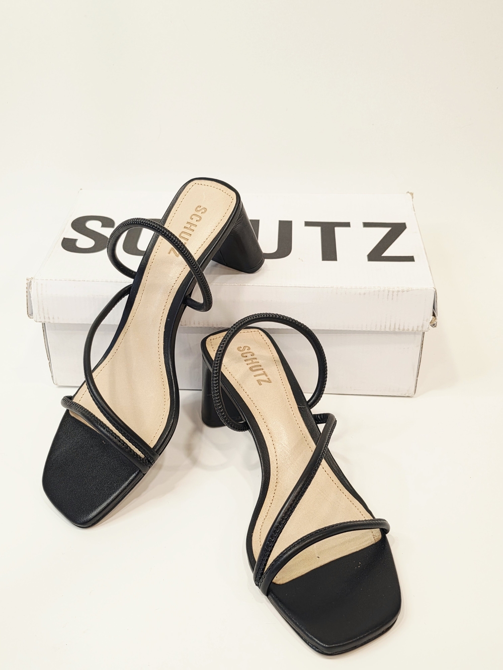 Schutz Chessie Mid Black Strappy Block Heel Sandals